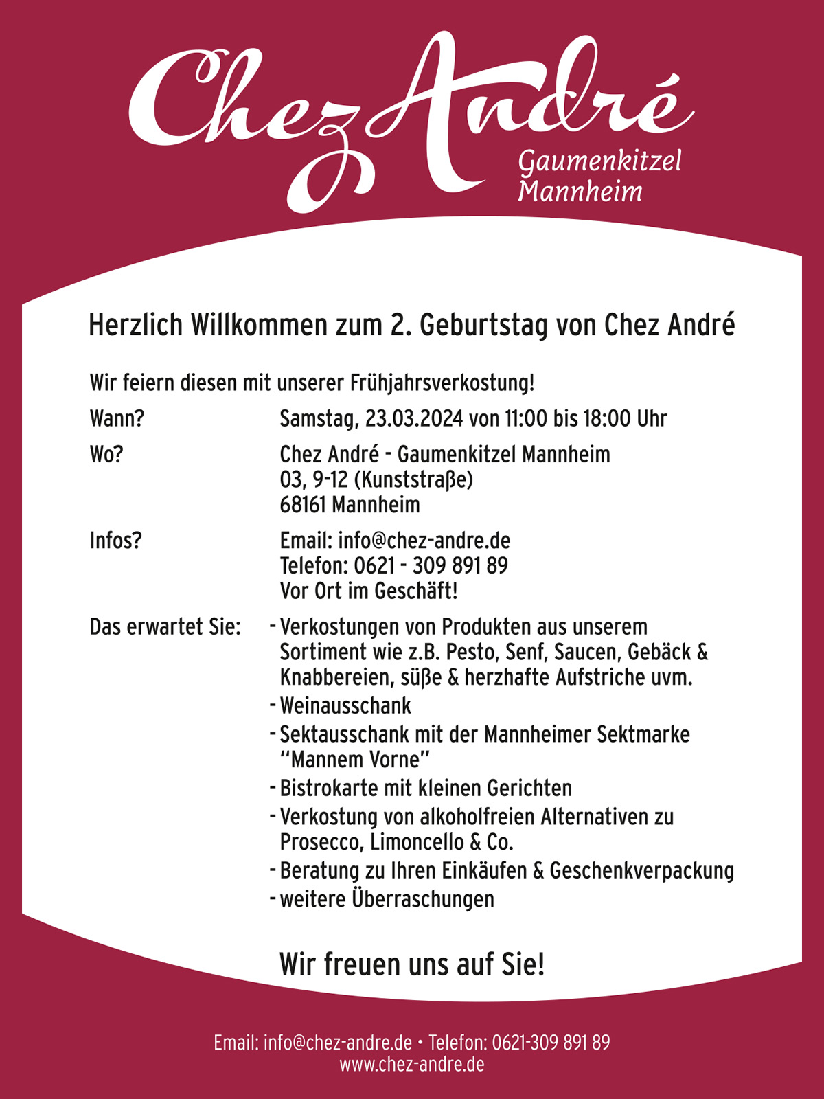 Der Feinkostladen „Chez André“ in Mannheim begeht im März seinen 2. Geburtstag und feiert zusammen mit Ihnen bei einer Frühjahrsverkostung am 23.03.2024 in Mannheim